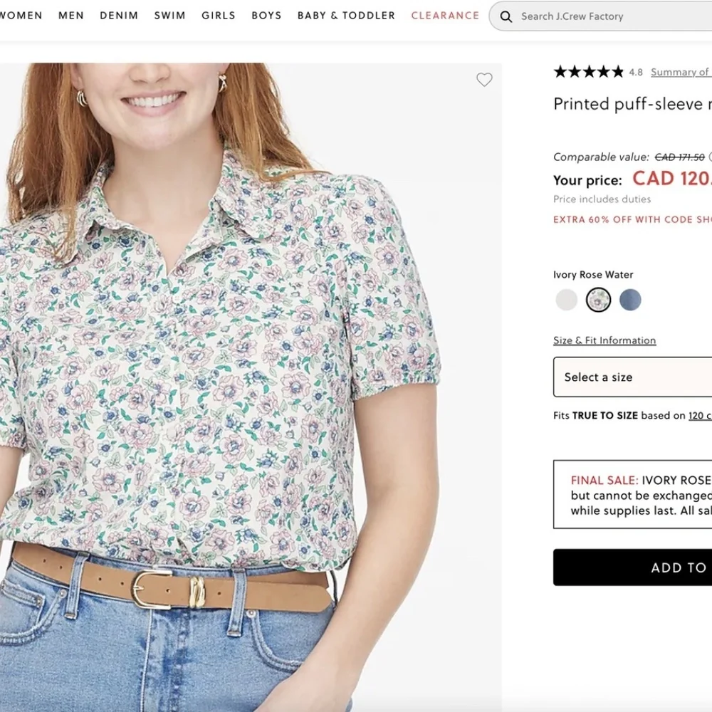 J Crew Factory Printed puff-sleeve ruffle-collar top Ivroy Rose Water 3X Plus - Picture 2 of 9